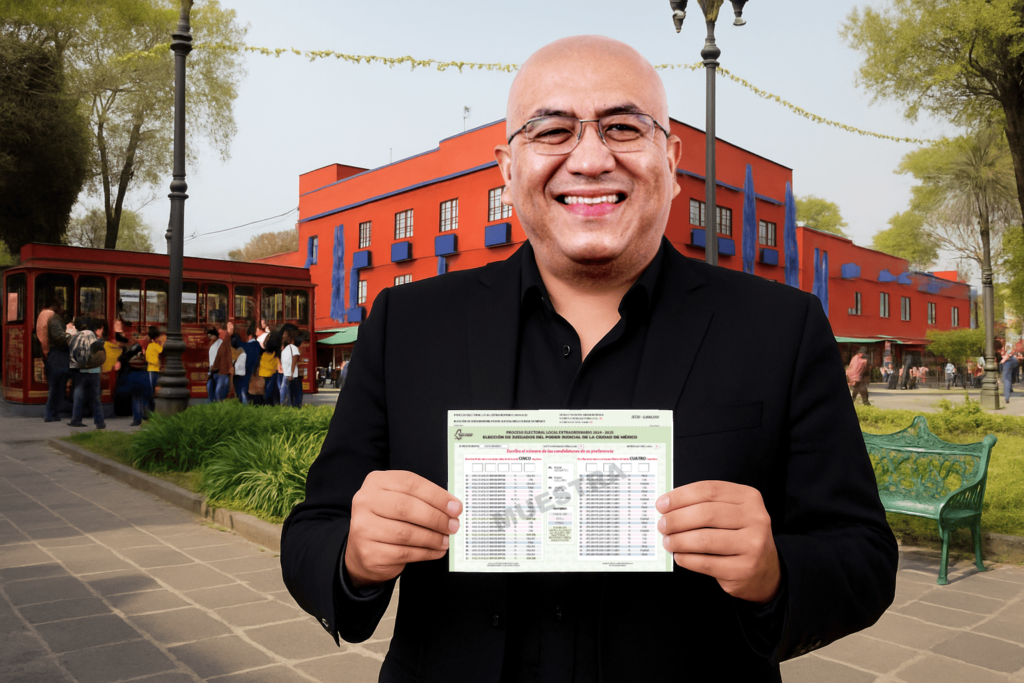 Gabriel Alonso Pineda Rodríguez mostrando una boleta electoral en el contexto de la elección judicial en CDMX