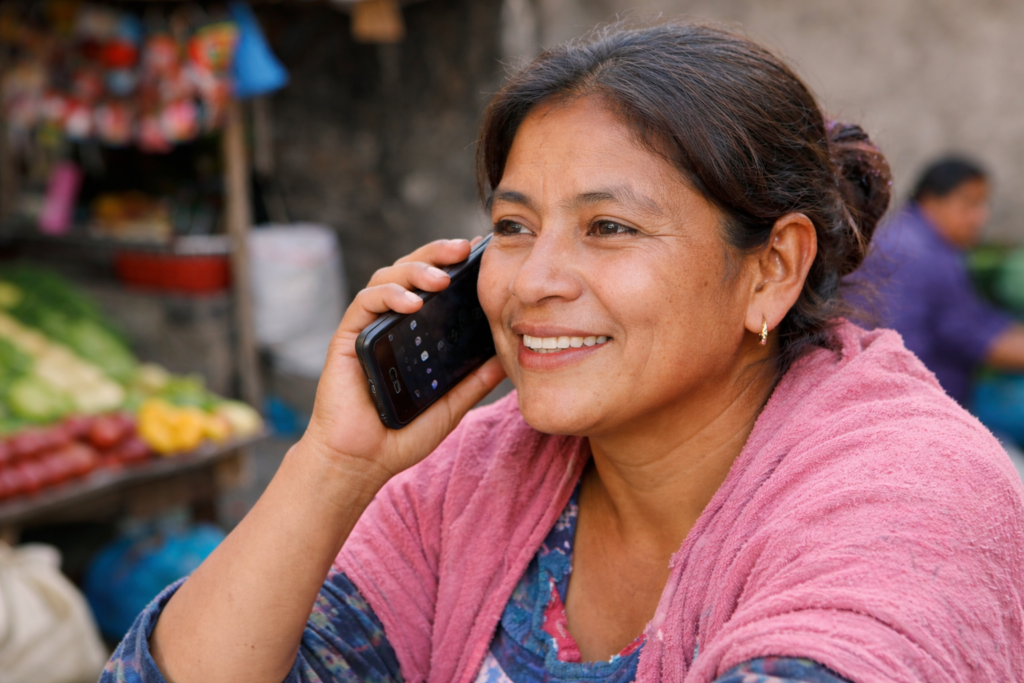 Mujer mexicana de nivel socioeconómico bajo hablando por teléfono con smartphone Android en un mercado del Estado de México